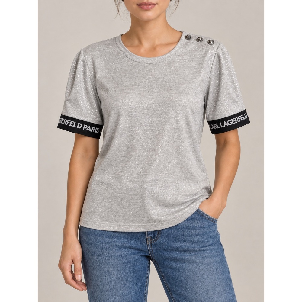 XL 209 NWT Karl Lagerfeld Paris Silver Metallic Logo Sleeve Pleated Button Top